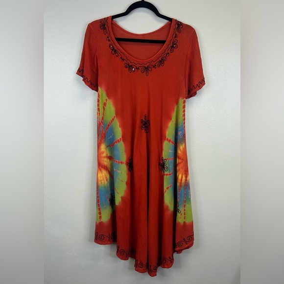 Vintage 90s Women's One Size Tie-Dye Bohemian Dress Dark Orange Hippie Festival - Picture 2 of 13